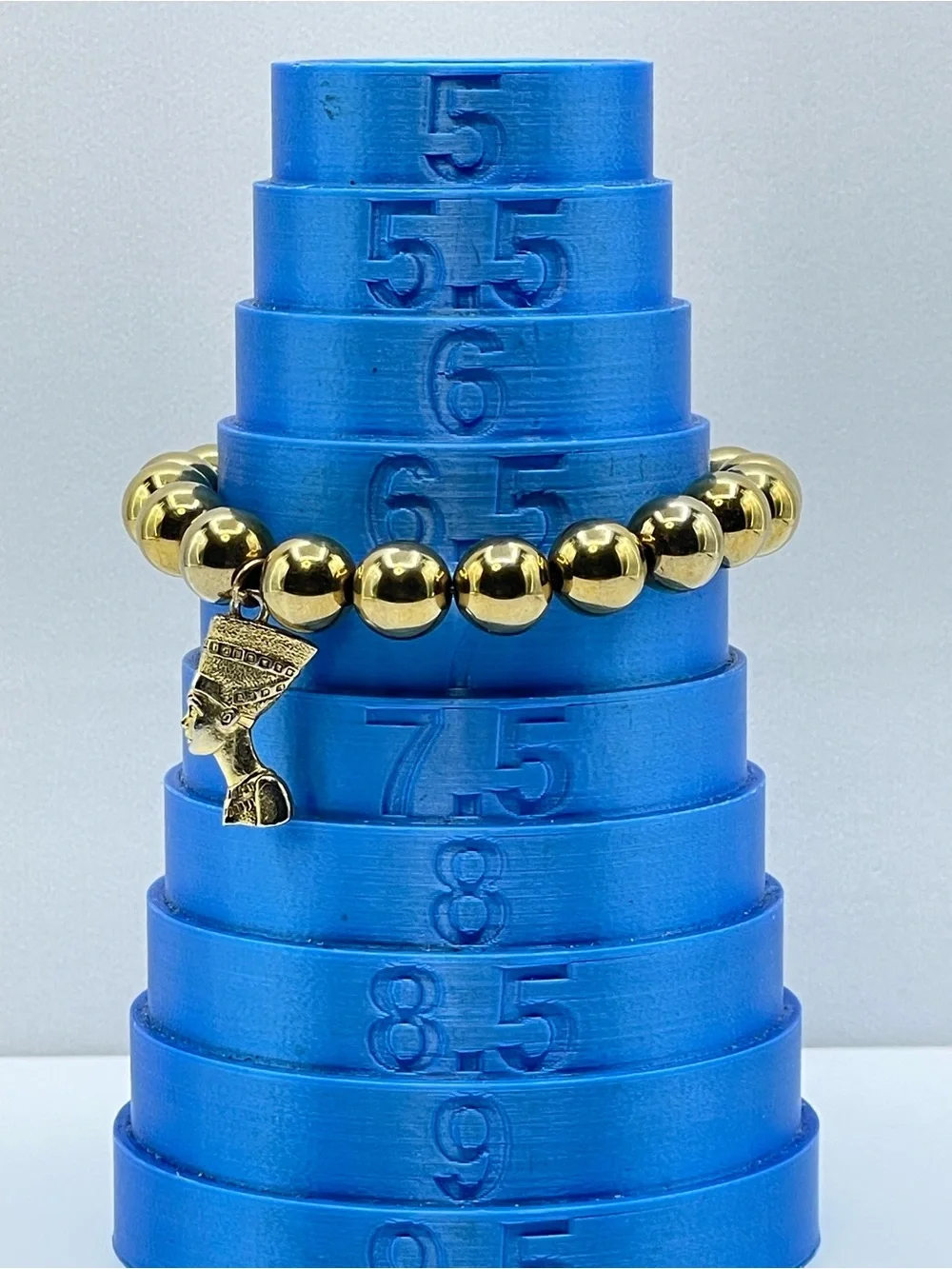 Gold Tone Nefertiti Charm Beaded Stretch Bracelet Egyptian Style